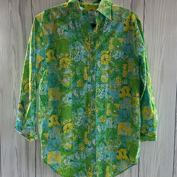 Lilly Pulitzer Vintage Green & Yellow Floral Button Shirt Dress Small Hong Kong - Picture 1 of 7